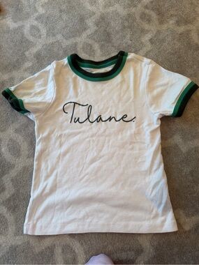 Tula White Tee with Green Trim and Script Logo